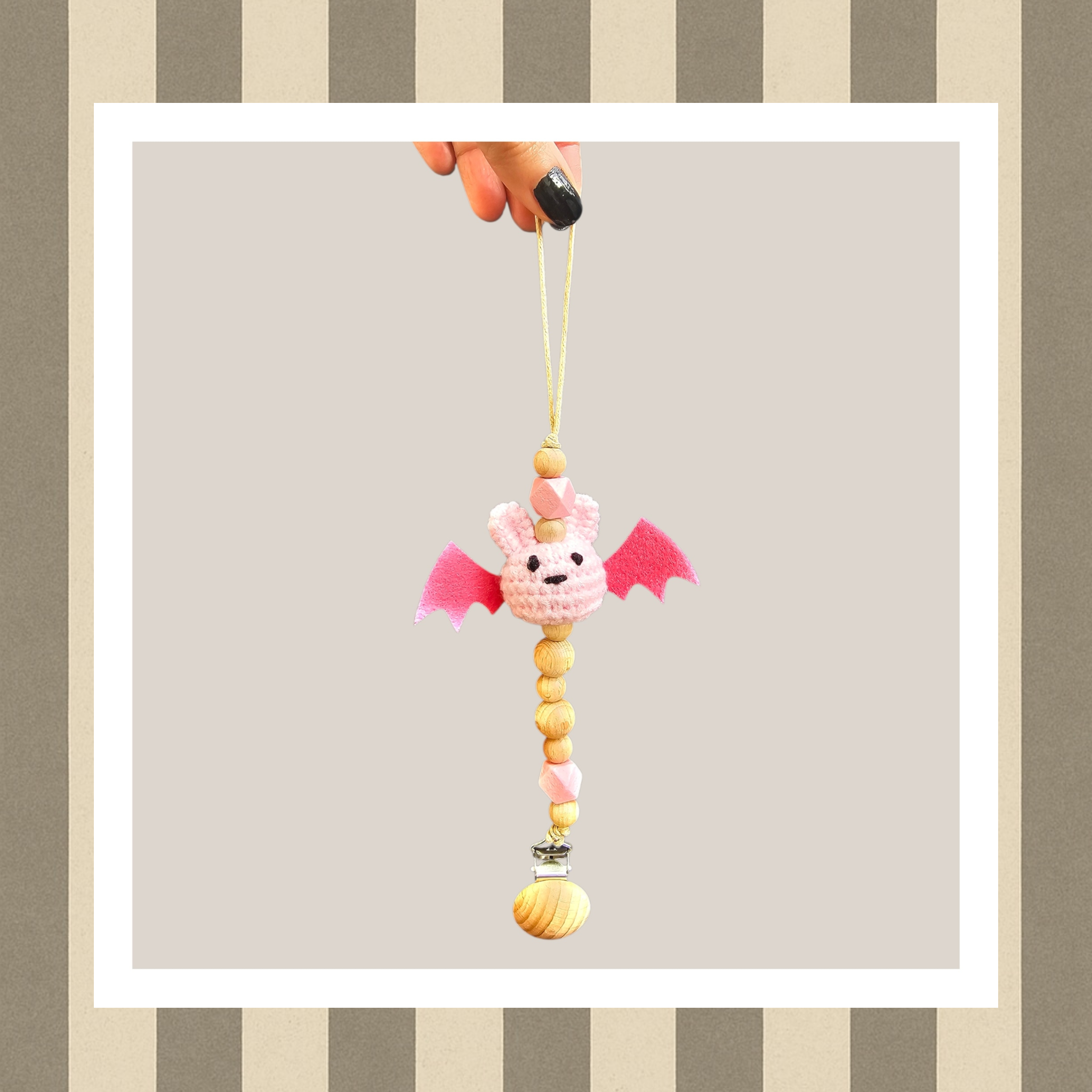 Bat Pacifier Clip – Crochet & Natural Wood